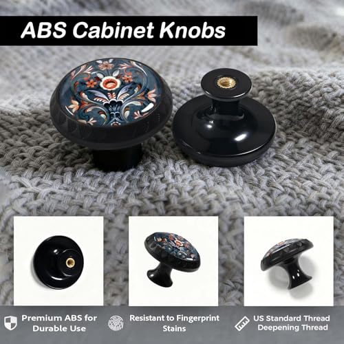 Artinhand 4 Pack Norwegian Rosemaling Folk Style Blue Flower Cabinet Knobs Round Drawer Pulls Black Dresser Knob Cupboard Door Handles Hardware for Kitchen Bathroom Cabinets - Image 4