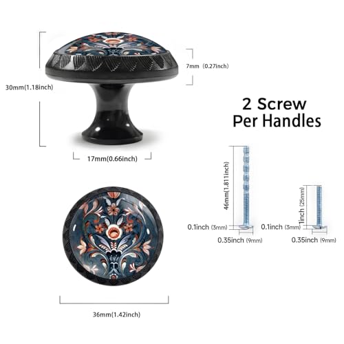 Artinhand 4 Pack Norwegian Rosemaling Folk Style Blue Flower Cabinet Knobs Round Drawer Pulls Black Dresser Knob Cupboard Door Handles Hardware for Kitchen Bathroom Cabinets - Image 3