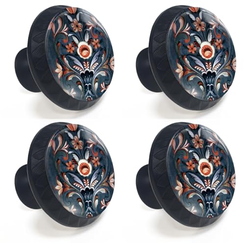 Artinhand 4 Pack Norwegian Rosemaling Folk Style Blue Flower Cabinet Knobs Round Drawer Pulls Black Dresser Knob Cupboard Door Handles Hardware for Kitchen Bathroom Cabinets - Image 2