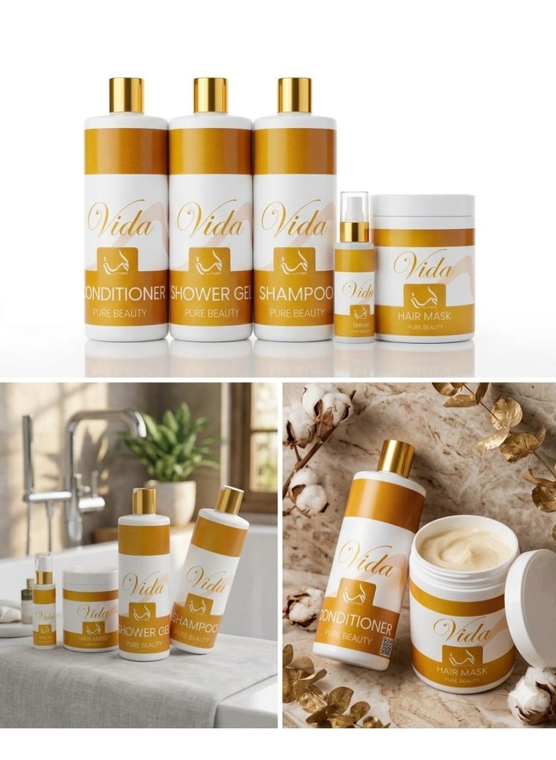 طقم هدايا فيدا المتكامل للعناية بالشعر والجسم – شامبو، بلسم، ماسك شعر، سيروم شعر وجل استحمام	كل منها ١٠٠٠ مل	هدية مثالية للرجال والنساء - Image 1