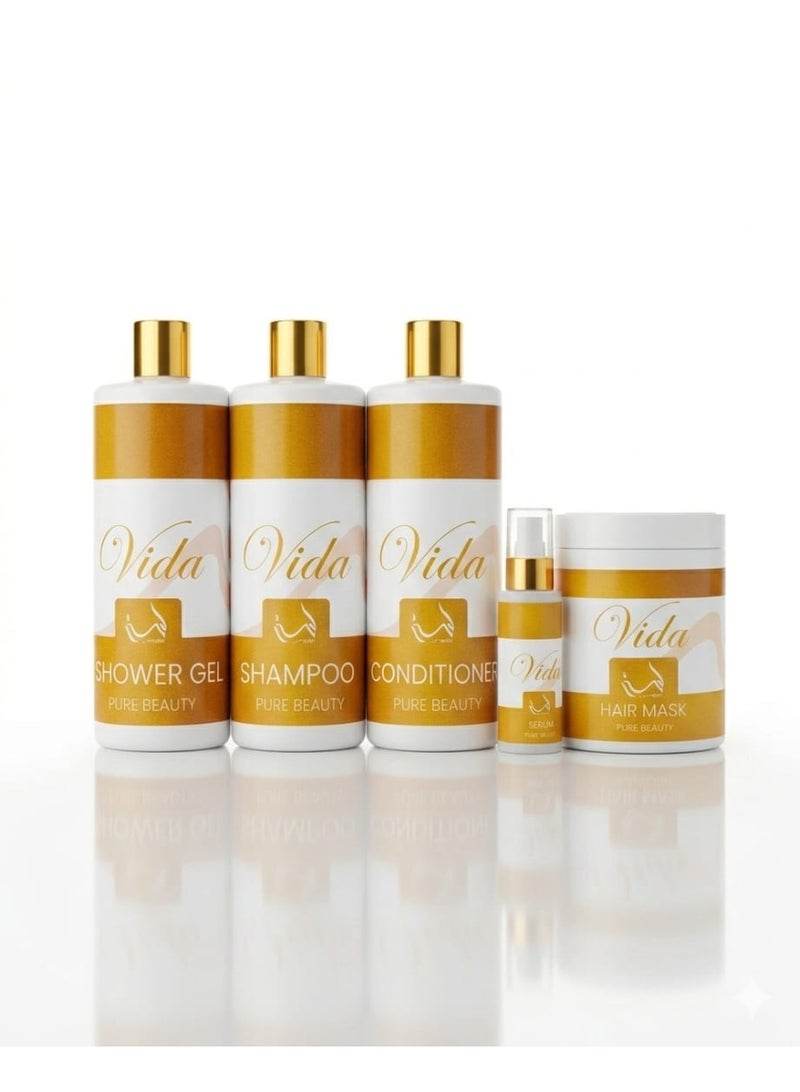 طقم هدايا فيدا المتكامل للعناية بالشعر والجسم – شامبو، بلسم، ماسك شعر، سيروم شعر وجل استحمام	كل منها ١٠٠٠ مل	هدية مثالية للرجال والنساء - Image 2