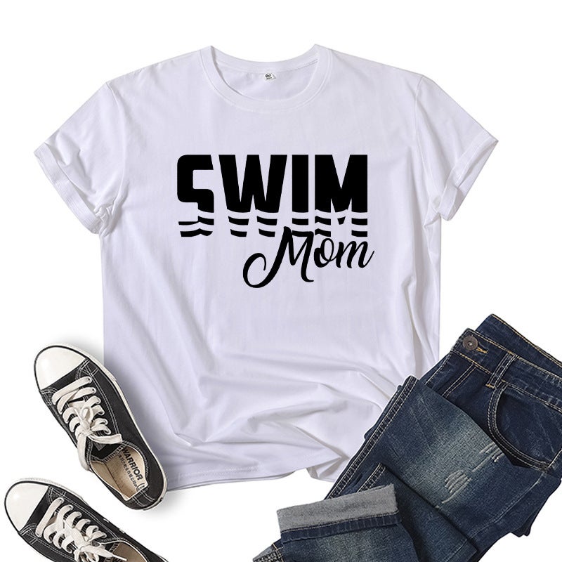 Foreign Trade Cross-border Swimming Mom Swim Mom Printed Short-sleeved Round Neck T-shirt European and American Mens and Womens Top Loose Casual White 