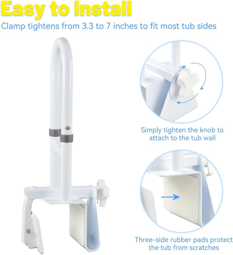 Icedeer Bathtub Grab Bars for Seniors, Tub Handle Grab Bar for Elderly Bath Support, Bathtub Safety Rail, Assistance Bathtub Handle Clamp for Bathroom, 3.3"- 7" Width Adjustable, White - Image 3