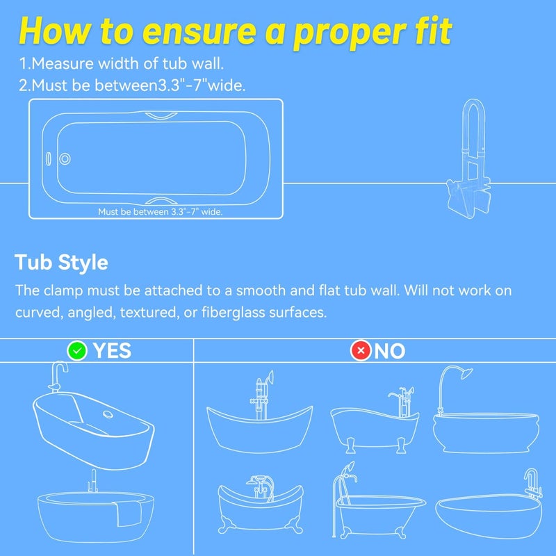 Icedeer Bathtub Grab Bars for Seniors, Tub Handle Grab Bar for Elderly Bath Support, Bathtub Safety Rail, Assistance Bathtub Handle Clamp for Bathroom, 3.3"- 7" Width Adjustable, White - Image 1