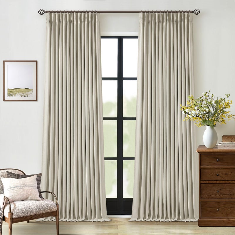 TWODRAPES Beige Blackout Linen Curtains 108 Inches Long for Bedroom Pinch Pleated Black Out Curtains Lined 2 Layers Memory Shape Noise Reducing Rustic Farmhouse Living Room Darkening Window Drapes Oatmeal - Image 1