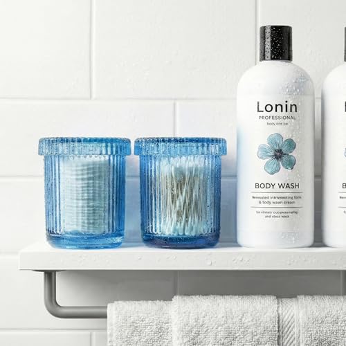 MKOSAB 2 Pack Qtip Holder - Apothecary Jars with Lids, Bathroom Organizers and Storage Canister for Cotton Balls,Swabs,Floss Picks,Hair Ties,Clear Glass Vintage Bathroom Decor Jar Set (Blue) - Image 2