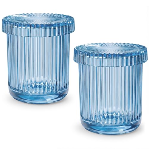 MKOSAB 2 Pack Qtip Holder - Apothecary Jars with Lids, Bathroom Organizers and Storage Canister for Cotton Balls,Swabs,Floss Picks,Hair Ties,Clear Glass Vintage Bathroom Decor Jar Set (Blue) - Image 1