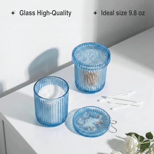 MKOSAB 2 Pack Qtip Holder - Apothecary Jars with Lids, Bathroom Organizers and Storage Canister for Cotton Balls,Swabs,Floss Picks,Hair Ties,Clear Glass Vintage Bathroom Decor Jar Set (Blue) - Image 4