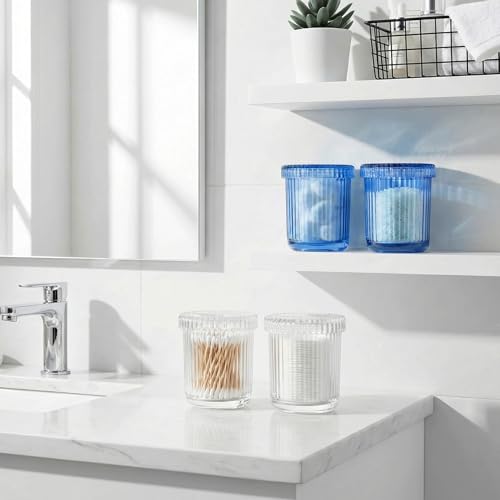 MKOSAB 2 Pack Qtip Holder - Apothecary Jars with Lids, Bathroom Organizers and Storage Canister for Cotton Balls,Swabs,Floss Picks,Hair Ties,Clear Glass Vintage Bathroom Decor Jar Set (Blue) - Image 5