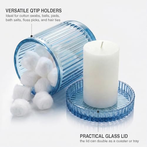 MKOSAB 2 Pack Qtip Holder - Apothecary Jars with Lids, Bathroom Organizers and Storage Canister for Cotton Balls,Swabs,Floss Picks,Hair Ties,Clear Glass Vintage Bathroom Decor Jar Set (Blue) - Image 3