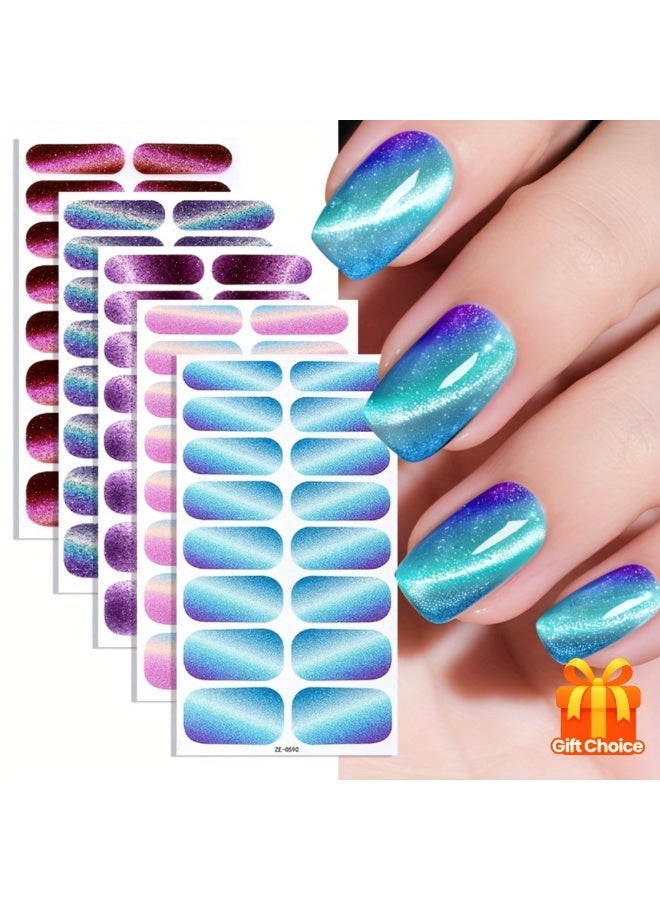 Rozino 5 Sheets Glitter Cat Eye Self-Adhesive Press On Nail Strips for Women - Image 1