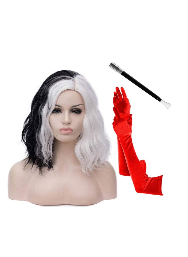 MORTICIA - MORTICIA 14" Shoulder Length Curly Short Wavy Women Side Part Colored Fun Festival Cosplay Bob Wig(White and Black) - Image 1