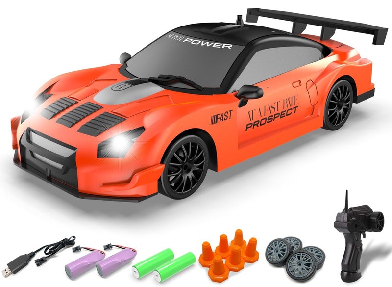 RACENT 124 Scale RC Drift Car 10MPH 4WD Remote Control Car with LED Light Racing and Drifting Wheels 2 Rechargeable Batteries Perfect Toy for Boys Girls Kids Orange - Image 3