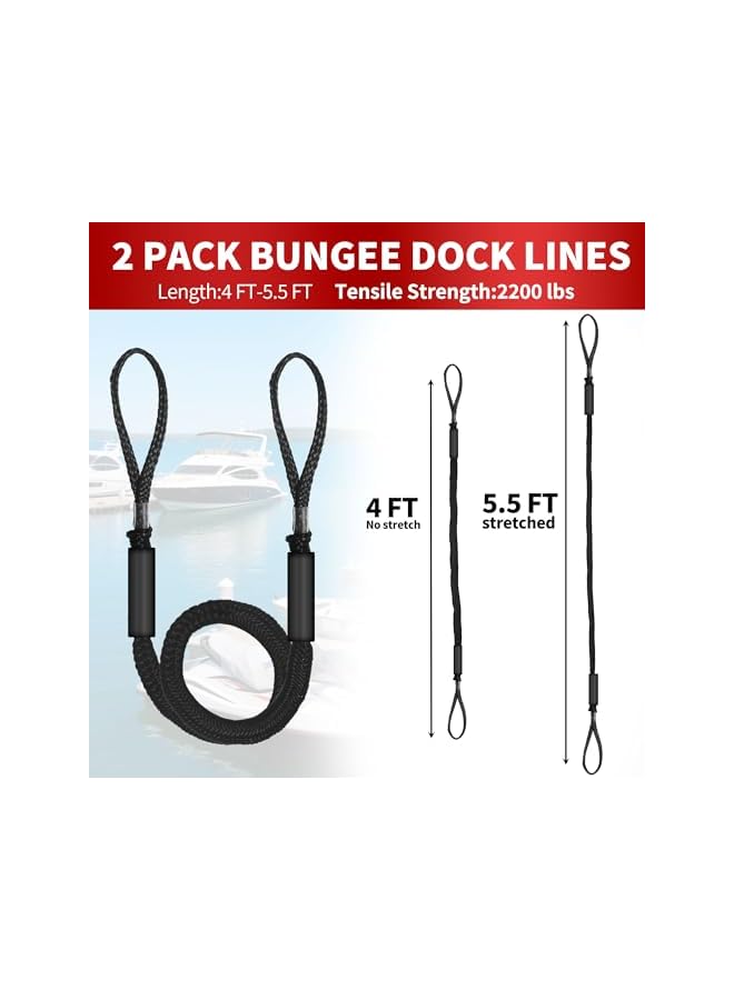 jaexest Bungee Dock Line,Boat Rope Stretchable Docking String with Foam Float for Pontoon Boat,seadoo,WaveRunner,Kayak,Boating Gifts for Men,2pack,4-5.5FT (Black) - Image 2