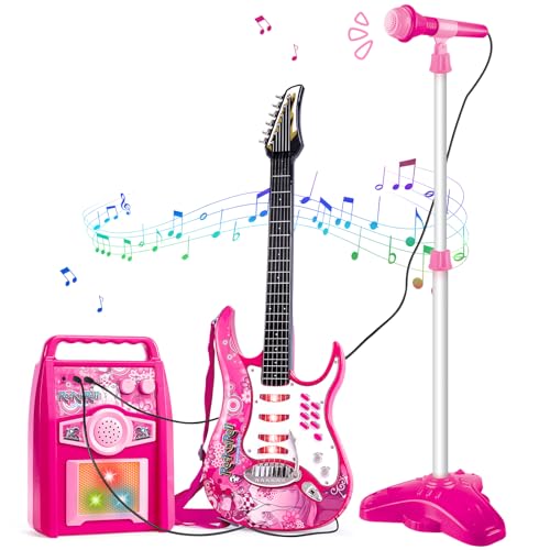 deAO Musical Guitar Play SetAdjustable Height MicrophoneAmplifier Set with StandMusic Light Karaoke Music Toys Birthday for Kids Boys Girls - Image 1