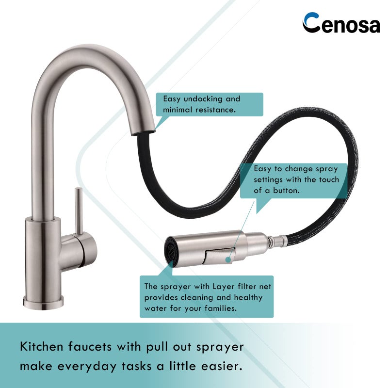 Cenosa Modern Bar Sink Faucet for Kitchen Sink Single Handle with Pull Out Sprayer Hot and Cold Brushed Nickel CENOSA - Image 4