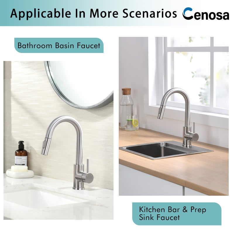 Cenosa Modern Bar Sink Faucet for Kitchen Sink Single Handle with Pull Out Sprayer Hot and Cold Brushed Nickel CENOSA - Image 5