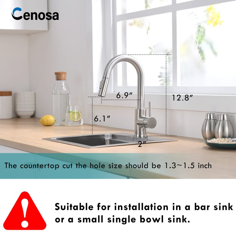 Cenosa Modern Bar Sink Faucet for Kitchen Sink Single Handle with Pull Out Sprayer Hot and Cold Brushed Nickel CENOSA - Image 2