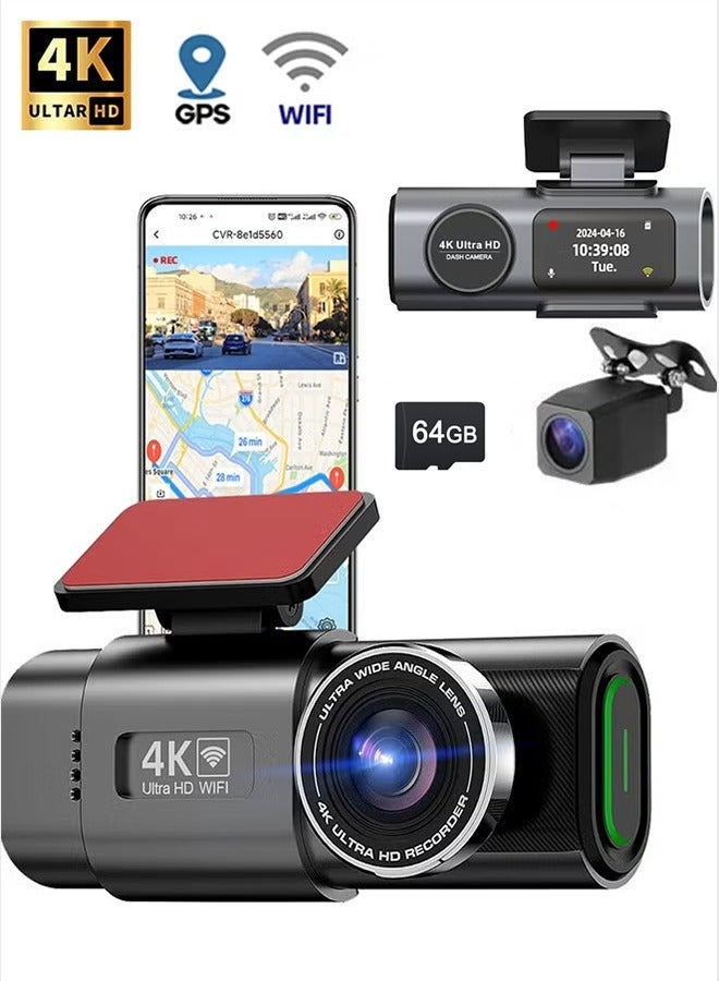 غاز مجموعة كاميرا داش 4K، أمامية 4K خلفية 1080P، مع وحدة GPS وبطاقة ذاكرة 64 جيجابايت، اتصال WIFI مدمج بتطبيق الهاتف المحمول - Image 1