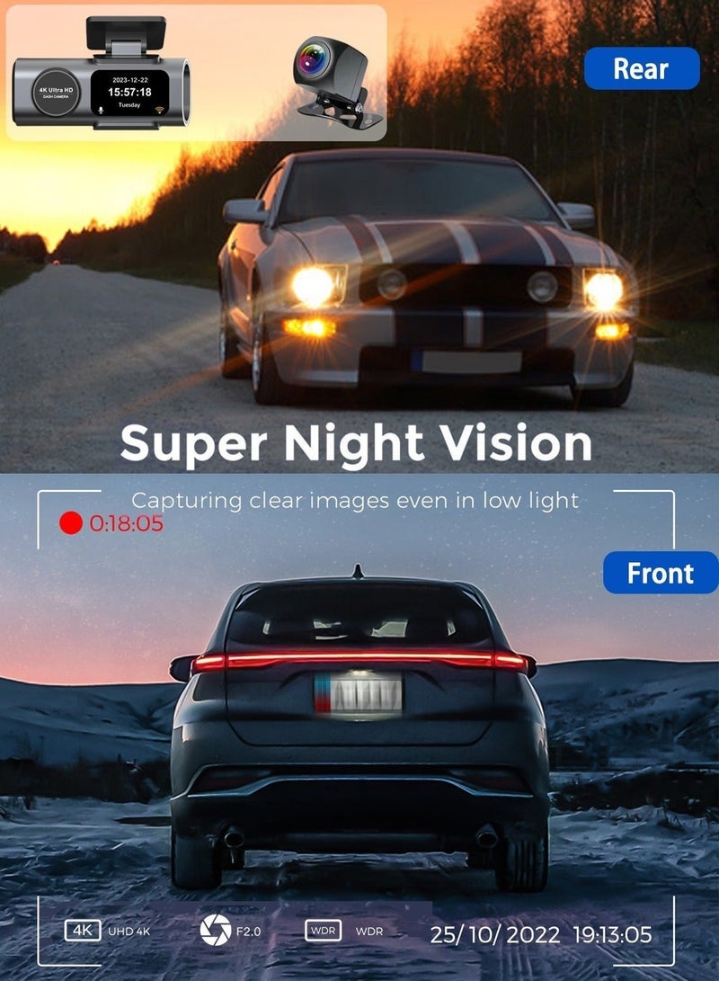 غاز مجموعة كاميرا داش 4K، أمامية 4K خلفية 1080P، مع وحدة GPS وبطاقة ذاكرة 64 جيجابايت، اتصال WIFI مدمج بتطبيق الهاتف المحمول - Image 5