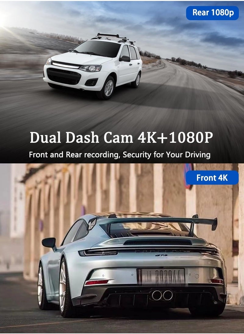 غاز - مجموعة كاميرا داش 4K، أمامية 4K خلفية 1080P، مع وحدة GPS وبطاقة ذاكرة 64 جيجابايت، اتصال WIFI مدمج بتطبيق الهاتف المحمول - Image 1
