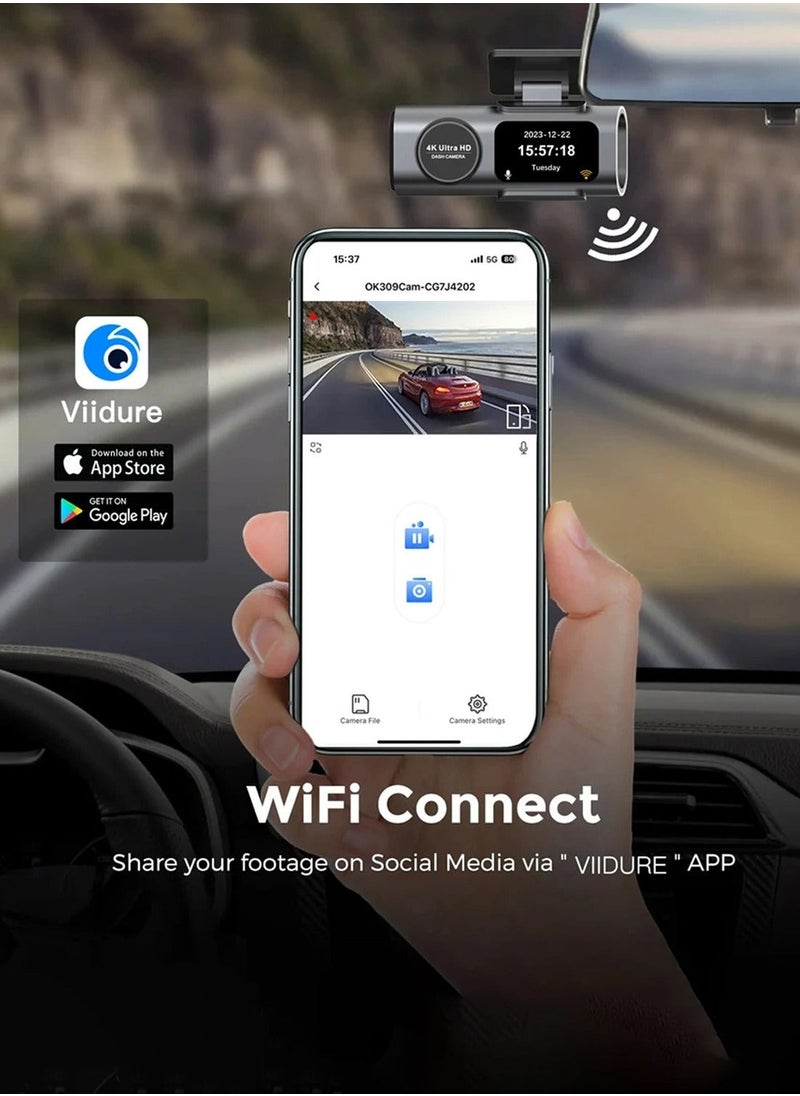 غاز - مجموعة كاميرا داش 4K، أمامية 4K خلفية 1080P، مع وحدة GPS وبطاقة ذاكرة 64 جيجابايت، اتصال WIFI مدمج بتطبيق الهاتف المحمول - Image 1