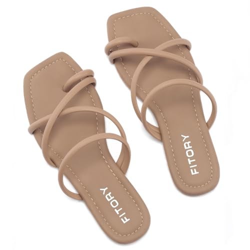 FITORY Women's Slide Sandals Flat Toe Ring Thongs with Cross Strap for Summer Size 8 Camel - Image 1