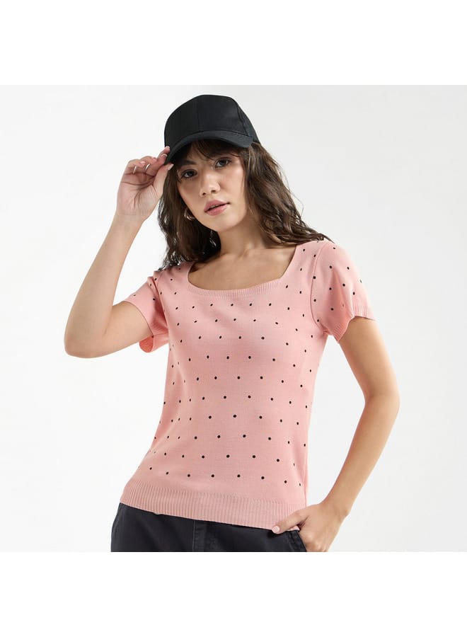 Splash FAV Textured Square Neck T-shirt with Short Sleeves - Image 1
