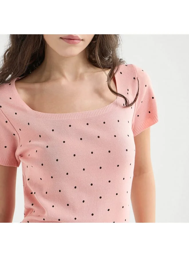 Splash FAV Textured Square Neck T-shirt with Short Sleeves