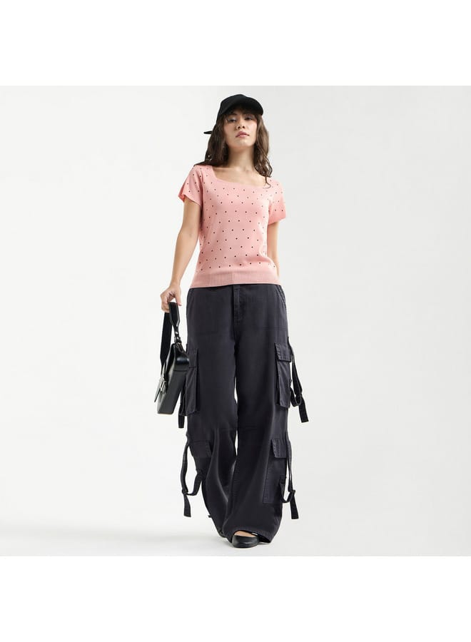 Splash FAV Textured Square Neck T-shirt with Short Sleeves - Image 2