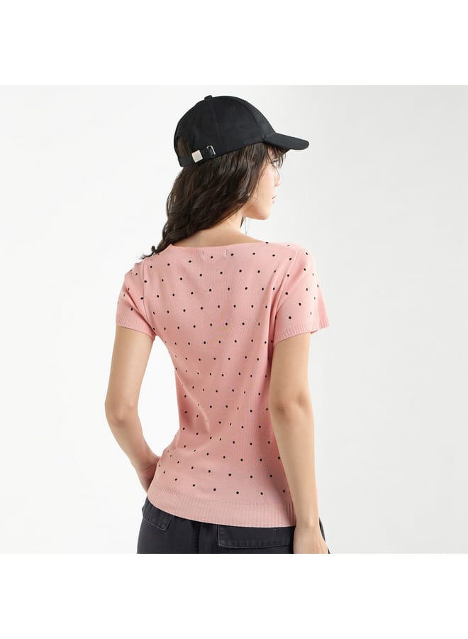 Splash FAV Textured Square Neck T-shirt with Short Sleeves - Image 3