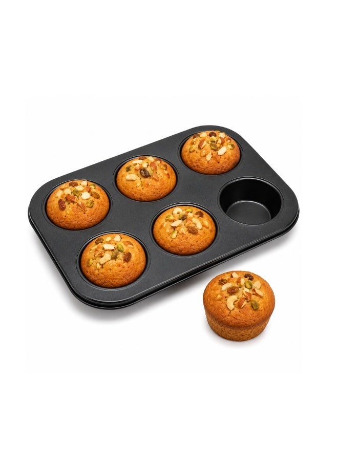 Beram 6Cup Cake Tray Black Non-Stick Muffin Baking Pan Durable Easy Clean Reusable Carbon Steel Long Lasting Bakeware for Cupcakes Brownies Pastries & Daily Baking - Image 1