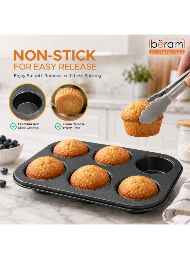 Beram 6Cup Cake Tray Black Non-Stick Muffin Baking Pan Durable Easy Clean Reusable Carbon Steel Long Lasting Bakeware for Cupcakes Brownies Pastries & Daily Baking - Image 5
