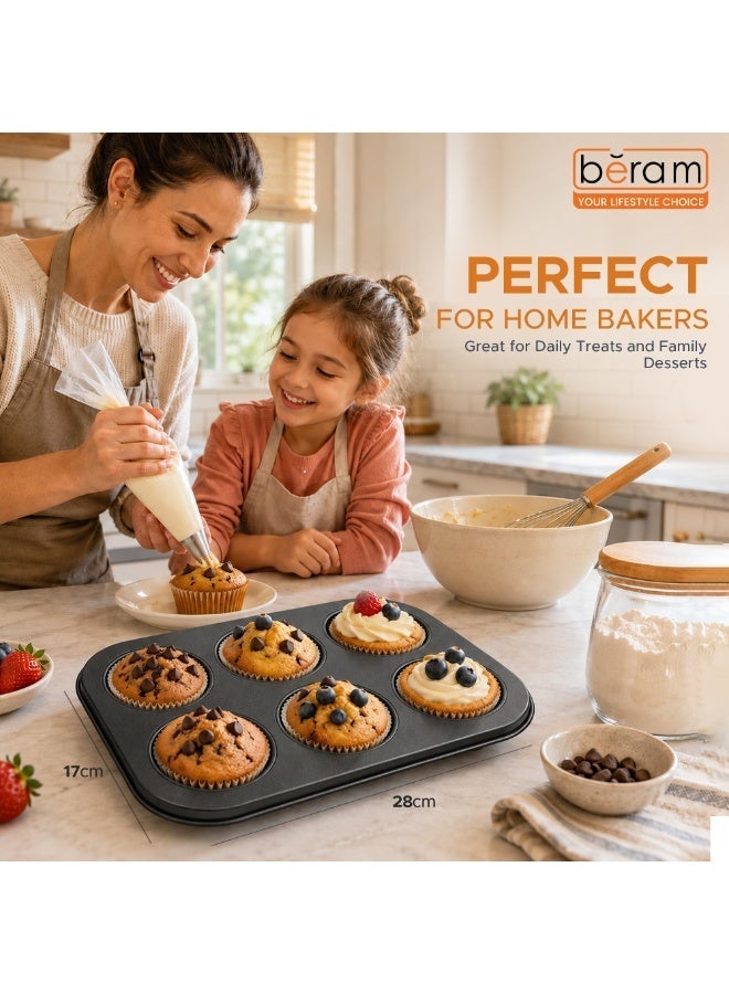 Beram 6Cup Cake Tray Black Non-Stick Muffin Baking Pan Durable Easy Clean Reusable Carbon Steel Long Lasting Bakeware for Cupcakes Brownies Pastries & Daily Baking - Image 3