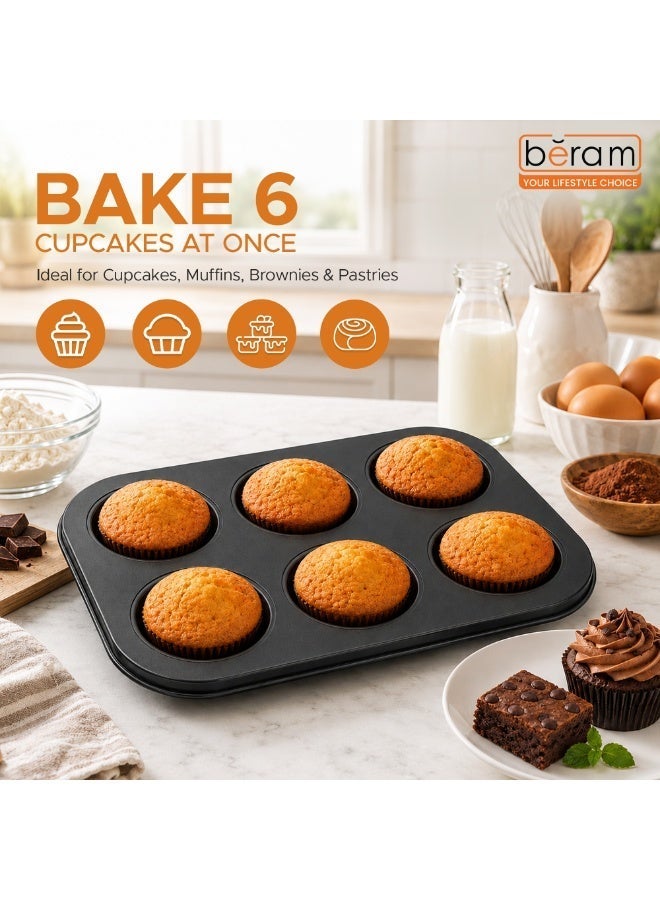 Beram 6Cup Cake Tray Black Non-Stick Muffin Baking Pan Durable Easy Clean Reusable Carbon Steel Long Lasting Bakeware for Cupcakes Brownies Pastries & Daily Baking - Image 2