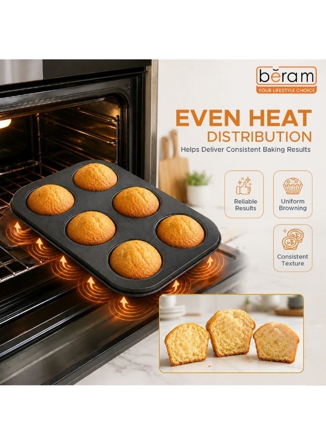 Beram 6Cup Cake Tray Black Non-Stick Muffin Baking Pan Durable Easy Clean Reusable Carbon Steel Long Lasting Bakeware for Cupcakes Brownies Pastries & Daily Baking - Image 4