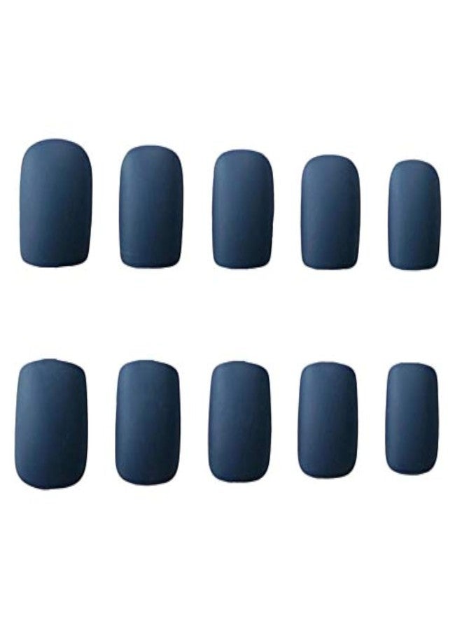JINDIN Press On Nails Square Blue Short Matte Fake Nails with Glue Design False Nails Full Cover Acrylic Sticker On Nails for Women Girls 24 Sheet (Navy Blue) - Image 1