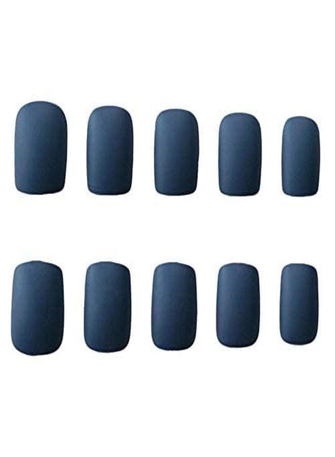 JINDIN Press On Nails Square Blue Short Matte Fake Nails with Glue Design False Nails Full Cover Acrylic Sticker On Nails for Women Girls 24 Sheet (Navy Blue) - Image 3