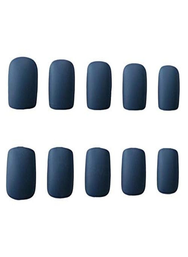 JINDIN Press On Nails Square Blue Short Matte Fake Nails with Glue Design False Nails Full Cover Acrylic Sticker On Nails for Women Girls 24 Sheet (Navy Blue) - Image 2