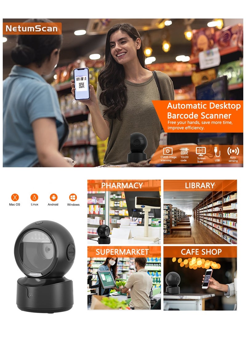 Automatic Omnidirectional Desktop Barcode Scanner, Hands-Free USB Wired QR Barcode Reader, 1D 2D Bar Code Image Sensing for Warehouse, Supermarket, Retail Store, Bookstore Pos System