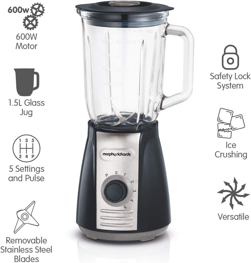 Morphy Richards Total Control Glass Jug Blender with Ice Crusher Blades, 5 Speed Settings, Pulse Control, 600 W, 1.5 litres, Grey, 403010 - Image 5