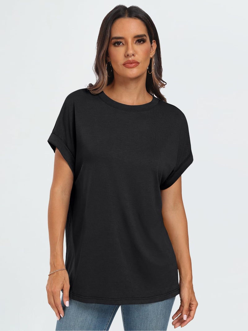 AUTOMET Women's Oversized Short Sleeve T Shirts Casual Drop Shoulder Rolled Cuff Summer Tops for Work, Travel and Lounge Black 2XL - Image 2