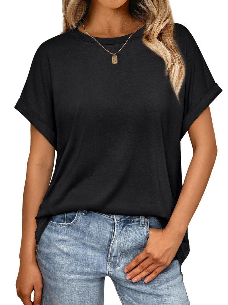 AUTOMET Women's Oversized Short Sleeve T Shirts Casual Drop Shoulder Rolled Cuff Summer Tops for Work, Travel and Lounge Black 2XL - Image 1