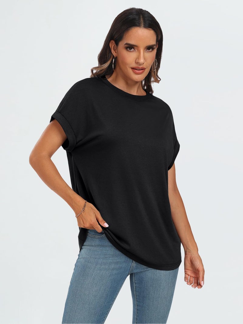 AUTOMET Women's Oversized Short Sleeve T Shirts Casual Drop Shoulder Rolled Cuff Summer Tops for Work, Travel and Lounge Black 2XL - Image 3