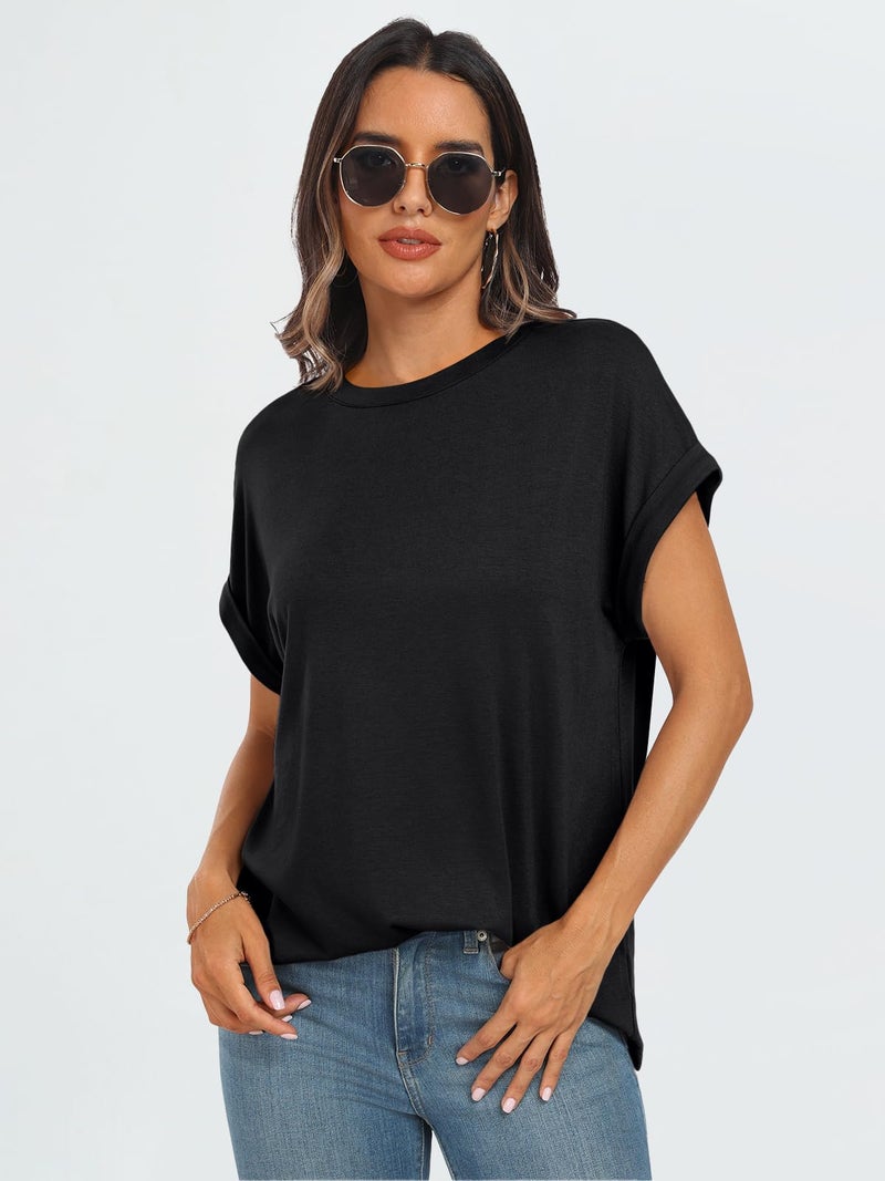 AUTOMET Women's Oversized Short Sleeve T Shirts Casual Drop Shoulder Rolled Cuff Summer Tops for Work, Travel and Lounge Black 2XL - Image 4