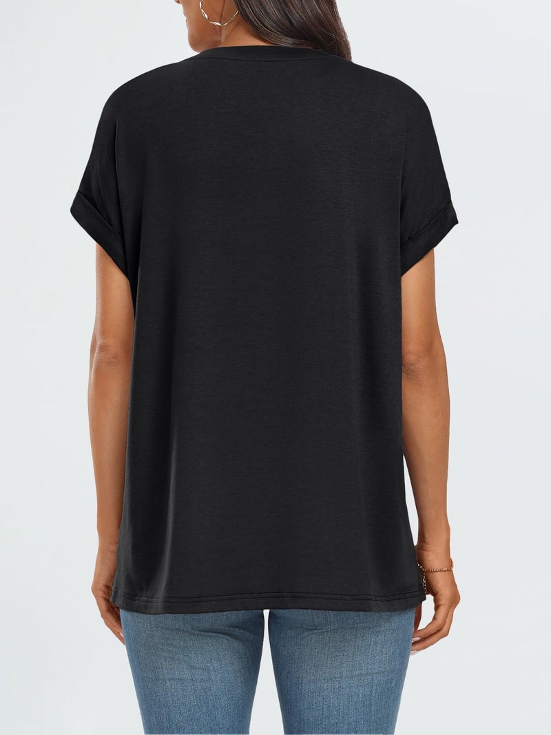 AUTOMET Women's Oversized Short Sleeve T Shirts Casual Drop Shoulder Rolled Cuff Summer Tops for Work, Travel and Lounge Black 2XL - Image 5
