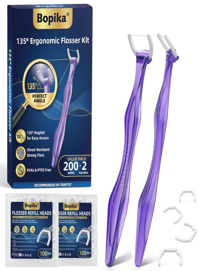 Bopika 135° Angled Flossers, Long Handle Dental Floss Picks for Deep Reach Back Teeth & Tight Spaces, Starter Kit with 2 Reusable Handles & 200 Twist-to-Lock Replacement Heads, Purple - Image 1