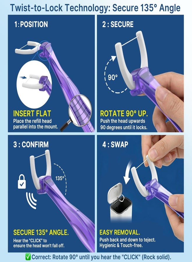 Bopika 135° Angled Flossers, Long Handle Dental Floss Picks for Deep Reach Back Teeth & Tight Spaces, Starter Kit with 2 Reusable Handles & 200 Twist-to-Lock Replacement Heads, Purple - Image 3