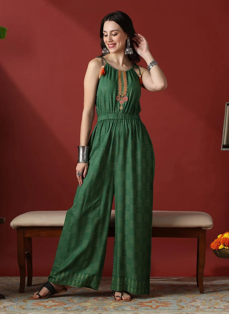 Globus Women Green Embroidered Yoke & Gold Foil Polka Dot Tie-Up Straps Wide Leg Fusion Jumpsuit