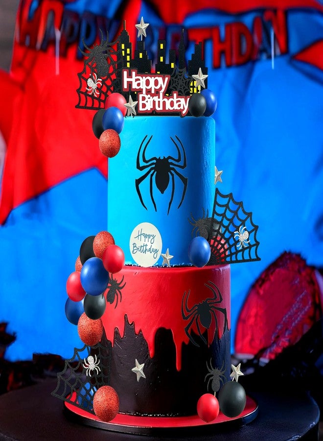 Tyotrbs 44PCS Spider Cake Topper Spider Web Cake Decoration Spiders Theme Cake Decor Happy Birthday Toppers Stars Red Blue Balls Cupcake Topper for Boys Men Baby Shower Hero Party Supplies - Image 2
